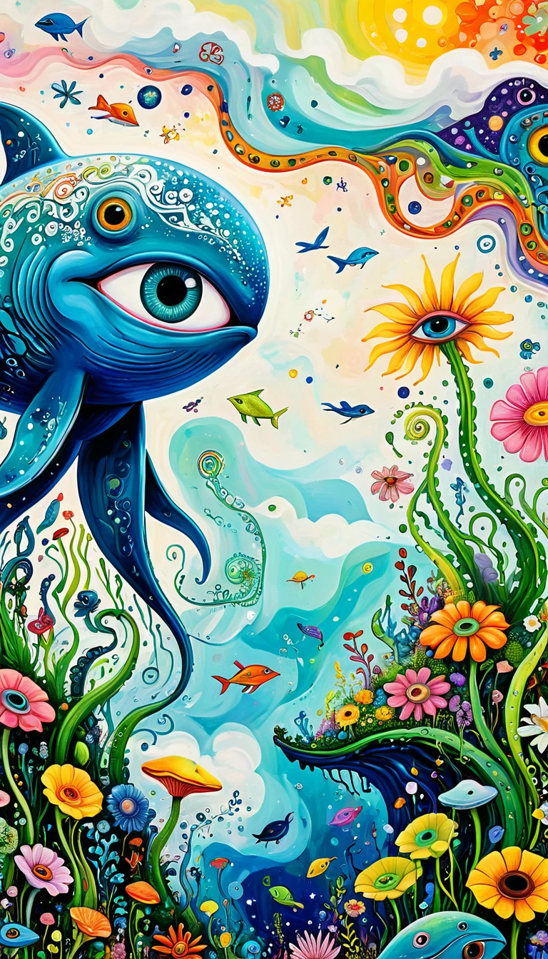 Children's graffiti,Thick coating，Concave and convex texture，Oil pastel strokes：Artists from the stars，Flying Whale:1.37、White Cloud、flowesh、Tentacles、bird、(((Eye)))、diatom，Abstract mosaic painting，Describing the inner world of autistic people，Large area of white，interesting，Innocence，Vision，Psychedelic Art，
