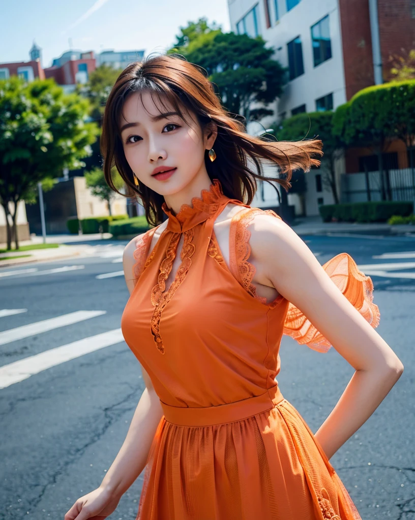 a woman posing on the street corner with light orange dress on, best quality, high res, 8k, 1girl, (huge breasts), day, bright, outdoor, (street:0.8), (people, crowds:1), (lace-trimmed dress:1.5, light orange clothes:1.5, orange high-neck dress:1.5, sleeveless dress, orange dress: 1.5), gorgeous, (medium hair), beautiful detailed sky, beautiful earrings, (dynamic pose:0.8), (upper body:1.2), soft lighting, wind, shiny skin, looking at viewer,