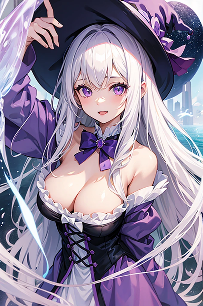 1girl, witch, lilac witch outfit, white hair, big breasts, cozy, happy