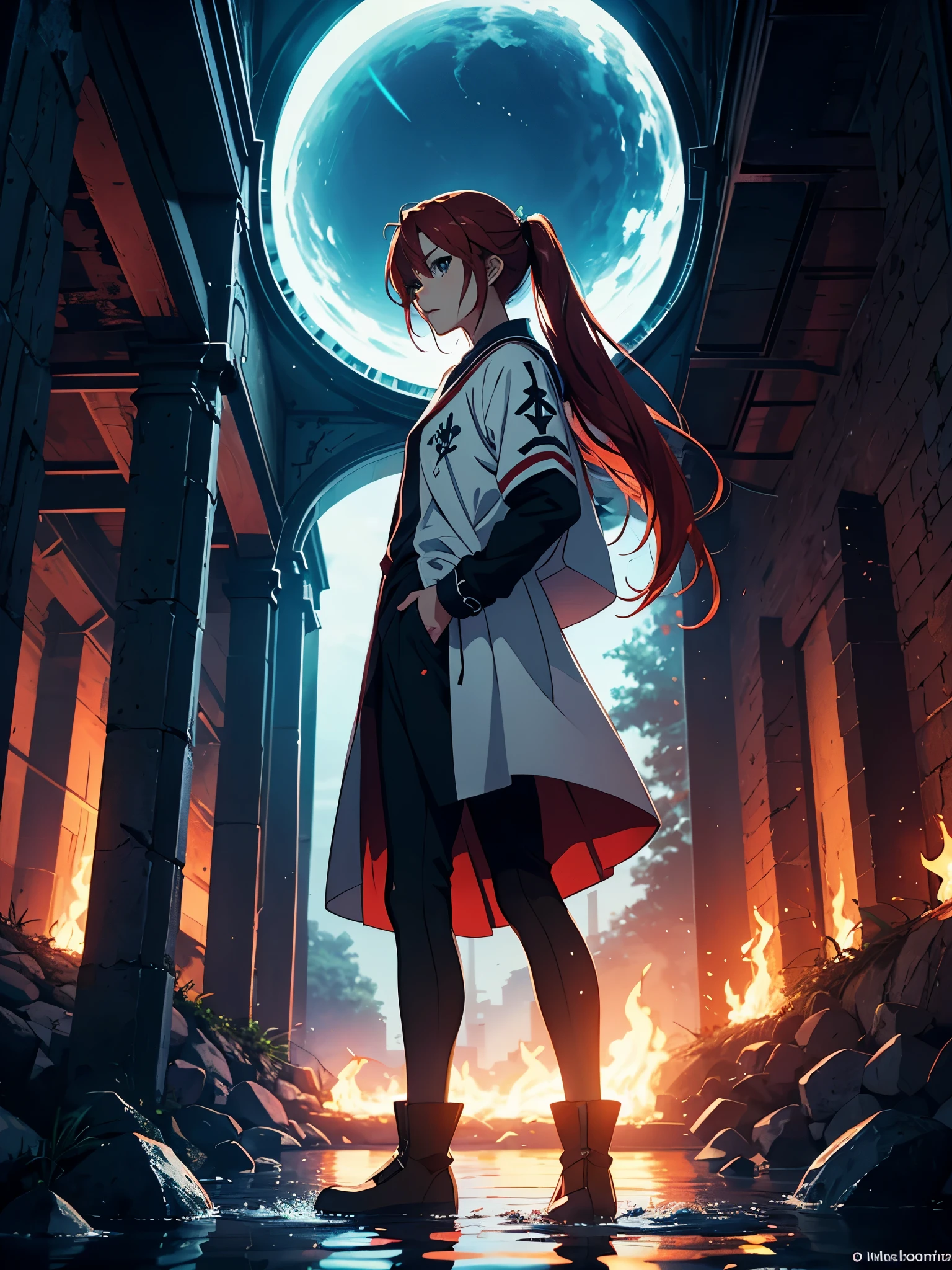 Light. mystical. Elegance. Schlosshalle. God. Magic. magic. Runesschrift. Runes im Himmel. Runes. pigtail. Ponytail. More anime style. blue flames. 2d. flatter. anime style. Viking clothing. soft. More anime. Standing in a lake. More anime. More 2d. Clean. More anime. 2d. Glow. Red hair. More anime. male. Long hair. long red hair. boy, vikings. red hair. Blue eyes. fire. 