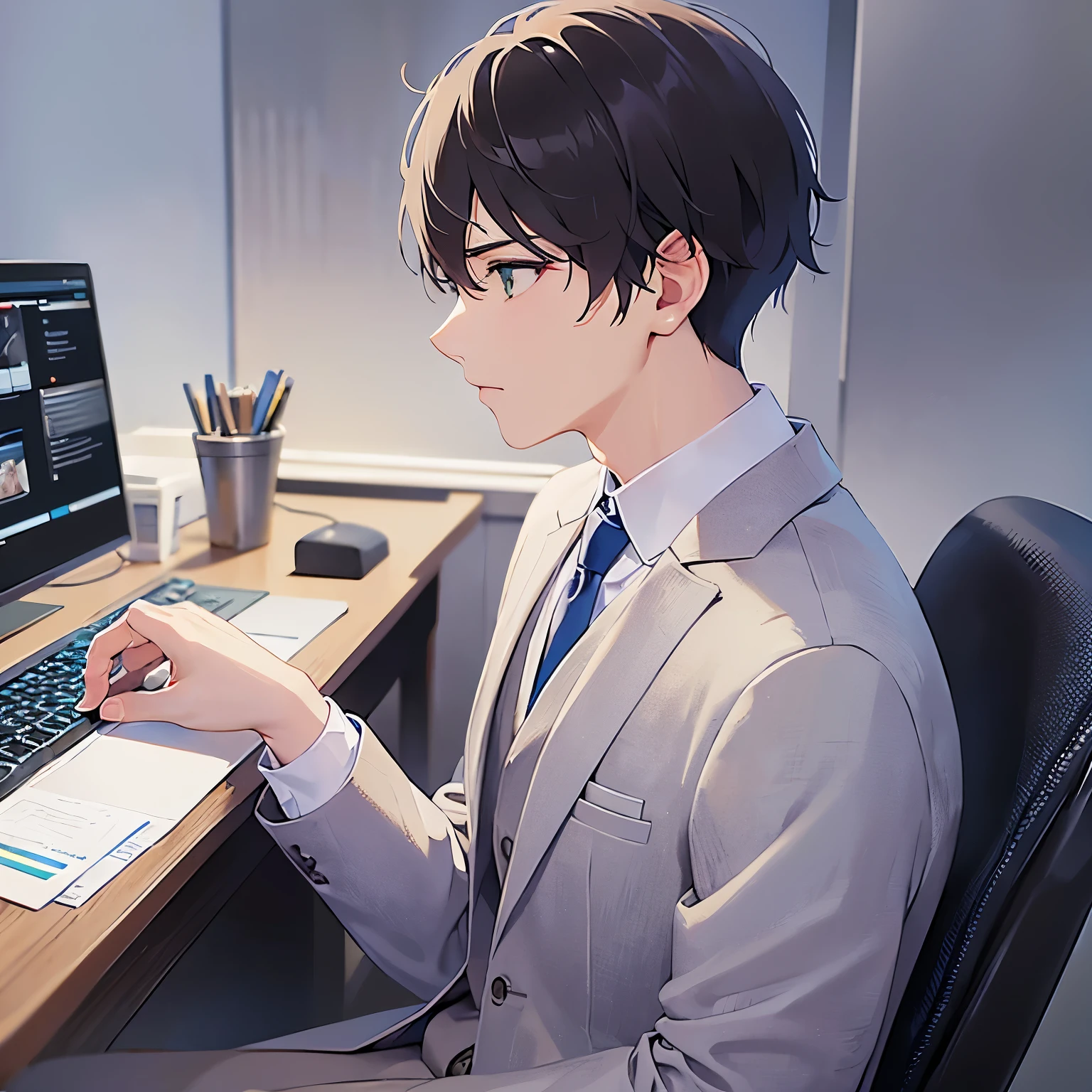 upper body、side angle, (looking away:1.5)、masterpiece、Highest quality、(25-year-old male:1.5) and (Brown short hair) and (Green Eyes), (Wearing a suit:1.3) and (Blue tie)、Serious expression、The background is the office、(Alone:1.5)、Upper body is shown、computer、Sitting at a desk