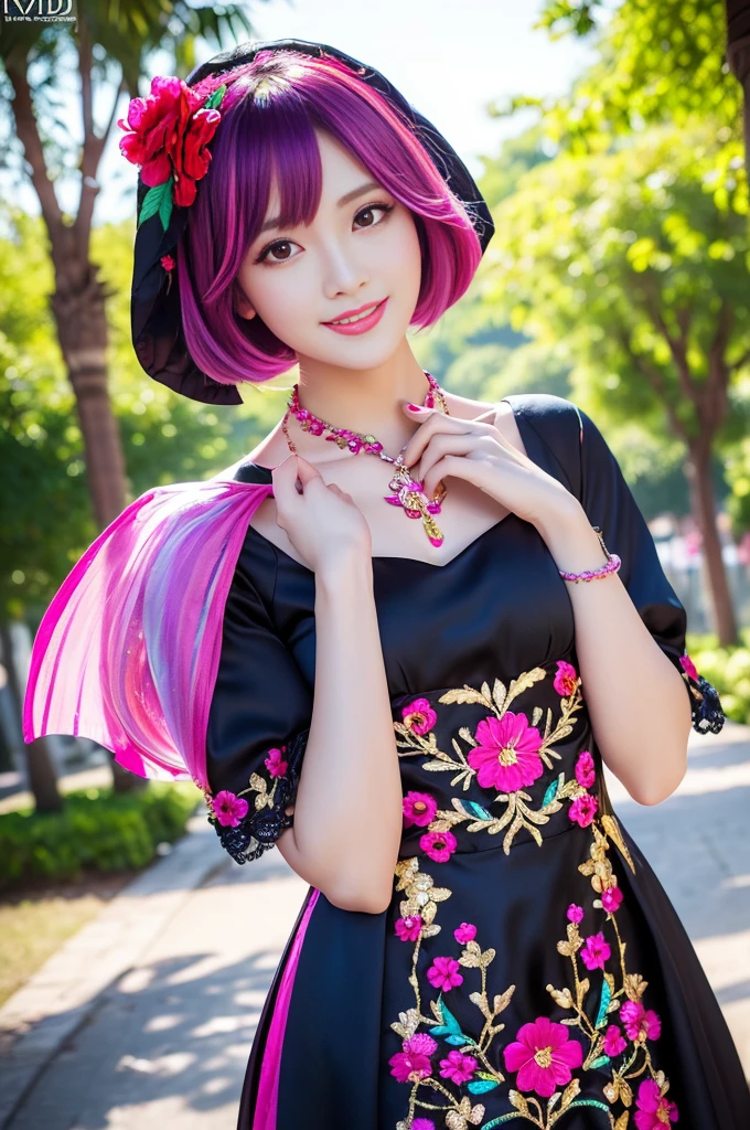 (masterpiece:1.4), (best quality:1.4), ultra high res, ultra high resolution, ((detailed facial features)), HDR, (realistic, photorealistic, photo-realistic:1.37), full body Esbian, sexy Vietnamese model, (-anime), vivid colors, ((vivid colors multicolor (pink, fuchsia, purple) very short hair)), (happy smile), lip-gloss, long lashes, defined eyebrows, wearing large sparkling colorful jewelery, wearing a red silk Paradise Kiss cosplay dress with black floral embroidery, ((vivid colors outfit)), vivid colors, look at the camera, cinematic light, large park background with trees, sweet and sexy pose