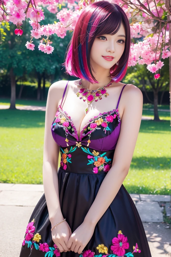(masterpiece:1.4), (best quality:1.4), ultra high res, ultra high resolution, ((detailed  features)), HDR, (realistic, photorealistic, photo-realistic:1.37), full body Esbian, sexy Tmodel, (-anime), vivid colors, ((vivid colors multicolor (red, fuchsia) very short hair)), (happy smile), lip-gloss, long lashes, ultra detailed metallic makeup, defined eyebrows, wearing large sparkling colorful jewelery, (wearing a red silk Paradise Kiss cosplay dress with black floral embroidery), ((vivid colors outfit)), vivid colors, look at the camera, cinematic light, large park background with trees, sweet and sexy pose