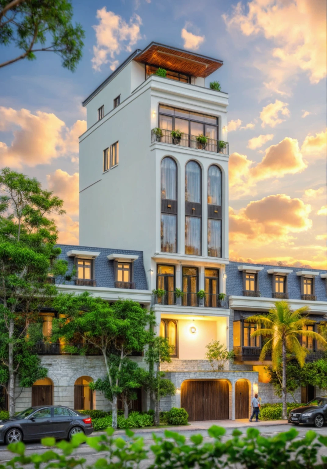 Masterpiece, high quality, best quality, authentic, super detail, outdoors, house style modern, bietthuhn, white wall, glass windows, gate road, pavement, grass, trees, Beautiful_sky, SUNSET, (day:1.1), realistic lighting