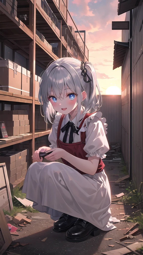 (8k, best quality, master piece: 1.2),super high resolution,1 girl, 独奏, colorshift eyes, hyperdetailed, expressive eyes, ultra-detailed face, Medieval peasant dress、Random hairstyle、silver gay hair, Abandoned warehouse, Ecstatic expression, squatting, sunset, dark, eerie