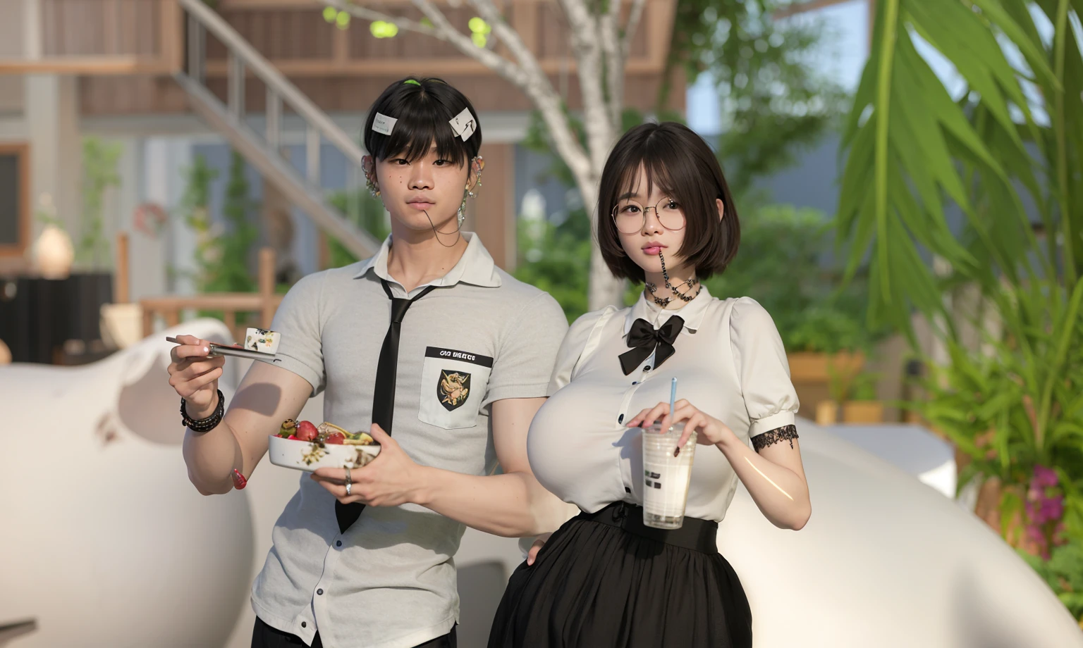 Asian boy and girl, good lighting, smooth, glossy skin, blur background, high quality, 8k resolution, pores, realistic skin, school environment, holding drinks and foods
