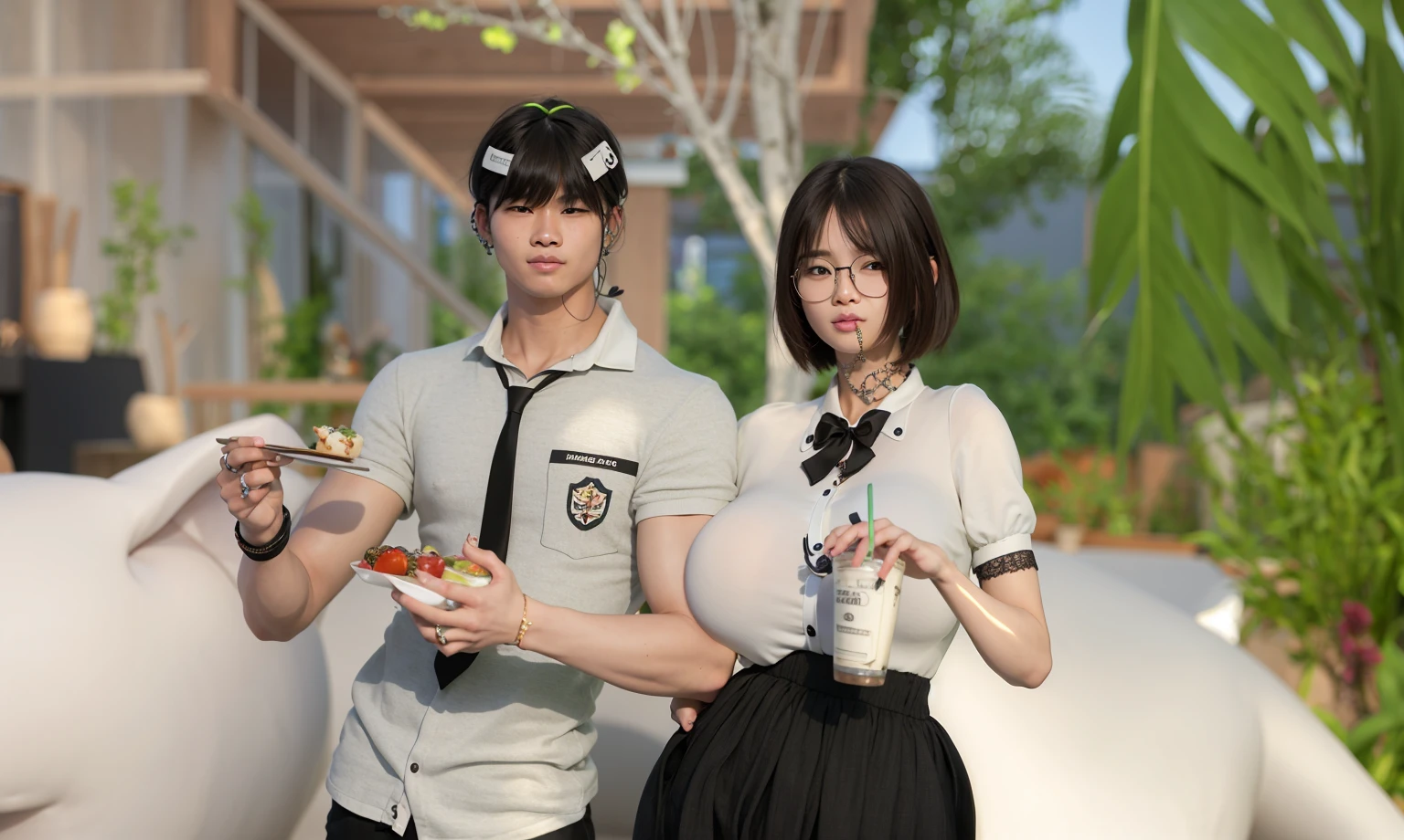 Asian boy and girl, good lighting, smooth, glossy skin, blur background, high quality, 8k resolution, pores, realistic skin, school environment, holding drinks and foods