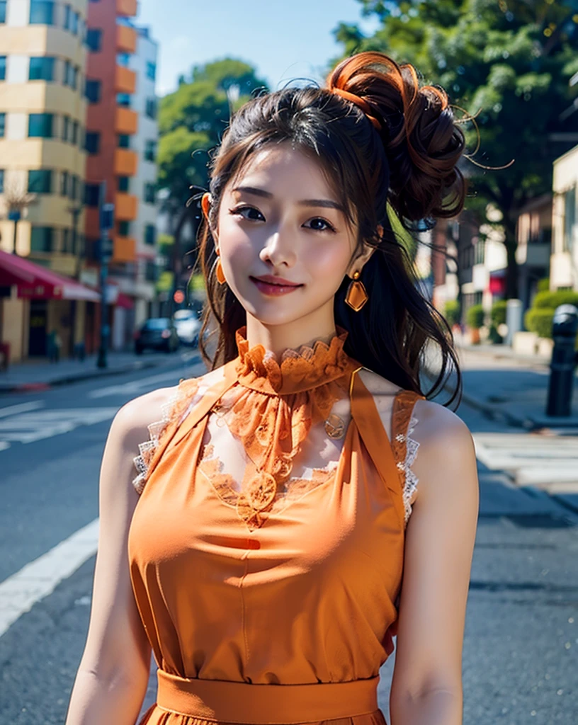 a woman posing on the street corner with light orange dress on, best quality, high res, 8k, 1girl, (huge breasts), day, bright, outdoor, (street:0.8), (people, crowds:1), (lace-trimmed dress:1.5, light orange clothes:1.5, orange high-neck dress:1.5, sleeveless dress, orange dress: 1.5), gorgeous, (medium hair), beautiful detailed sky, beautiful earrings, (dynamic pose:0.8), (upper body:1.2), soft lighting, wind, shiny skin, looking at viewer,