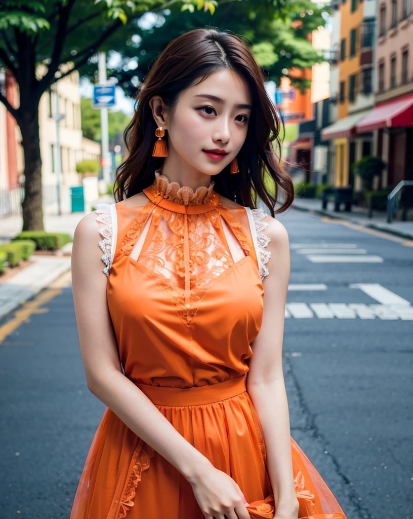 a woman posing on the street corner with light orange dress on, best quality, high res, 8k, 1girl, (huge breasts), day, bright, outdoor, (street:0.8), (people, crowds:1), (lace-trimmed dress:1.5, light orange clothes:1.5, orange high-neck dress:1.5, sleeveless dress, orange dress: 1.5), gorgeous, (medium hair), beautiful detailed sky, beautiful earrings, (dynamic pose:0.8), (upper body:1.2), soft lighting, wind, shiny skin, looking at viewer, 