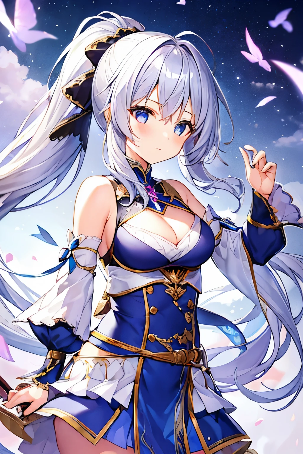 1 girl、Silver Hair、ponytail、Fantasy dancer's outfit、Orange decoration、accessories、Expose、Bigger breasts、