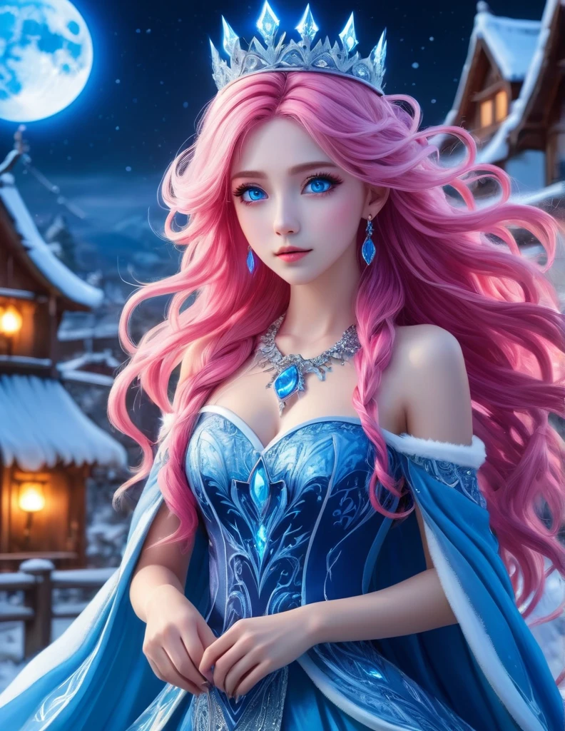 Very attractive 25 year old female with long wavy bright pink hair, ​natta, ((1 girl)), alone, ​masterpiece, 8k wallpaper, highres, most absurd, high quality background, length hair, bright pink hair,  Beautiful frozen village, (full bright moon), blue dress, detailed dress, Jewelry Dress, (Magik:1.2), blue 火, blue eyes, Glowing eyes, 火, Ice goddess, (Blue detailed beautiful crown), electricity, blue electricity, blue light particles, photo quality