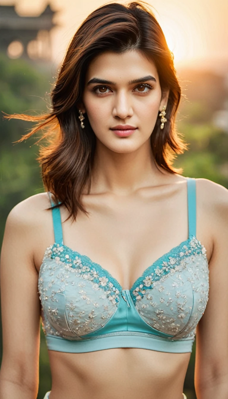 A stunning portrait of an Indian young woman, reminiscent of Kriti Sanon elegance. The subject's undercut hair adds a touch of modernity to her classic beauty. Her navel is subtly showcased, drawing attention to her toned physique. Perfectly symmetrical eyes sparkle with joy, framed by hyper-realistic skin texture that seems almost tactile. Soft, rim ambient lighting illuminates her features, as if bathed in the warm glow of a setting sun. Shot on high-end DSLR equipment, this 8K image boasts film-like grain and exceptional quality, capturing every detail with Fujifilm XT3 precision, large breast, wearing various colour lingerie, full body pose, expose cleavage, standing pose