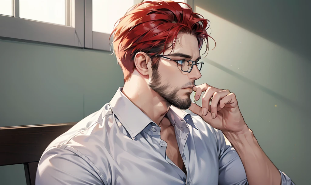 ((profile pic)), (best quality detailed image beautiful image 8K photorealistic dramatic lighting 1:1) (digital art digital illustration) (camera focused on face) (cold colors dim lighting) Art Manhwa 29 year old cold man very handsome red hair in back gel style, elegant clothes light green eyes (piercing gaze cold expression perfect face perfect lines) Teacher, university, Classroom, ((black glasses)), handsome teacher, Serious and cold look, ((Male square face)), short beard, Sweater and smart white closed dress shirt, Lonely, Thick masculine nose, ((light beard)), everything perfectly put on, ((hair perfectly combed))