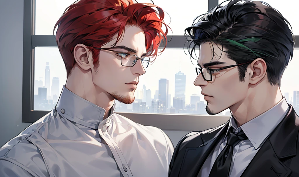 ((profile pic)), (best quality detailed image beautiful image 8K photorealistic dramatic lighting 1:1) (digital art digital illustration) (camera focused on face) (cold colors dim lighting) Art Manhwa 29 year old cold man very handsome red hair in back gel style, elegant clothes light green eyes (piercing gaze cold expression perfect face perfect lines) Teacher, university, Classroom, ((black glasses)), handsome teacher, Serious and cold look, ((Male square face)), short beard, Sweater and smart white closed dress shirt, Lonely, Thick masculine nose, ((light beard)), everything perfectly put on, ((hair perfectly combed))