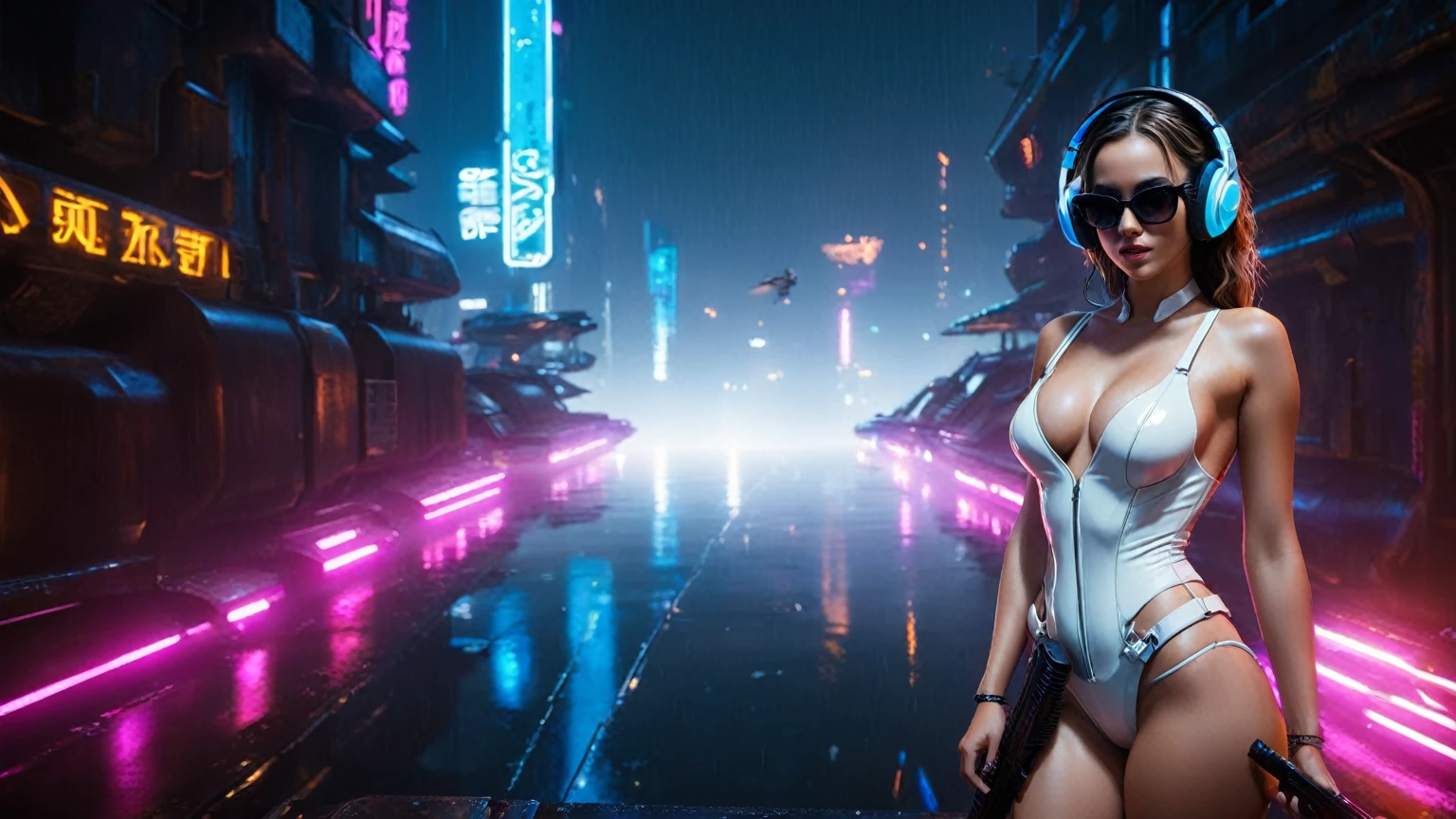(aerial view, a (flying cars):1.8 docking platform, a very dark abandoned futuristic city, neon lights), rainy night. (((1girl, solo, alone))), large-breast:1.2 slim body, cleavage:1.1, sexy wind blowing wet dress:1.4, (((headphone, black sunglasses, standing and holding pistol:1.8, dynamic seductive pose))), (((((half-body thigh level medium shot))))), cinematic lighting, lens flare, ray tracing.