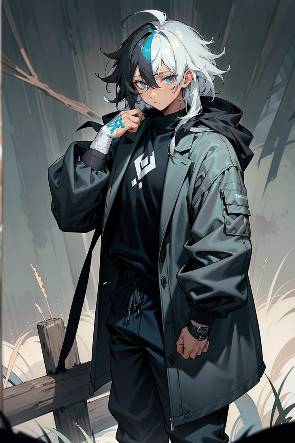 1male, tan skin, black highlighted hair, black and white hair, messy hair, wavy hair, blue eyes, uninterested expression, (dark blue oversized coat), black joggers, black undershirt, bandaged clothing, grassland background, standing on path, hands to side