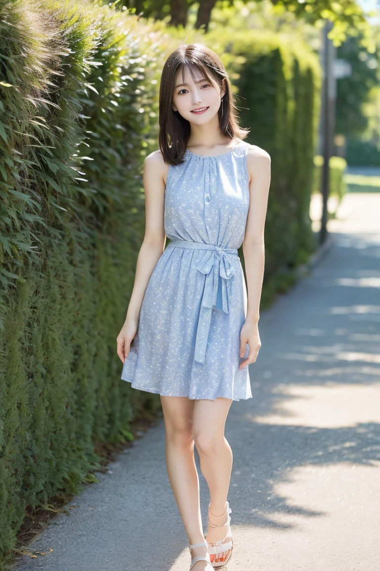 Create an image of a young woman named Tomo-chan in a summer setting. She is wearing a white sleeveless dress with light blue floral patterns. The dress is made of lightweight chiffon material and has a ribbon at the waist, highlighting her slender silhouette. Focus on her beautiful legs, which are long, slender, and toned. Her skin is smooth and has a healthy glow. She is wearing simple sandals that showcase her elegant feet. Capture her legs in a graceful pose, with the sunlight highlighting the contours and smoothness of her skin. Emphasize the elegance and charm of her legs in this summery setting.