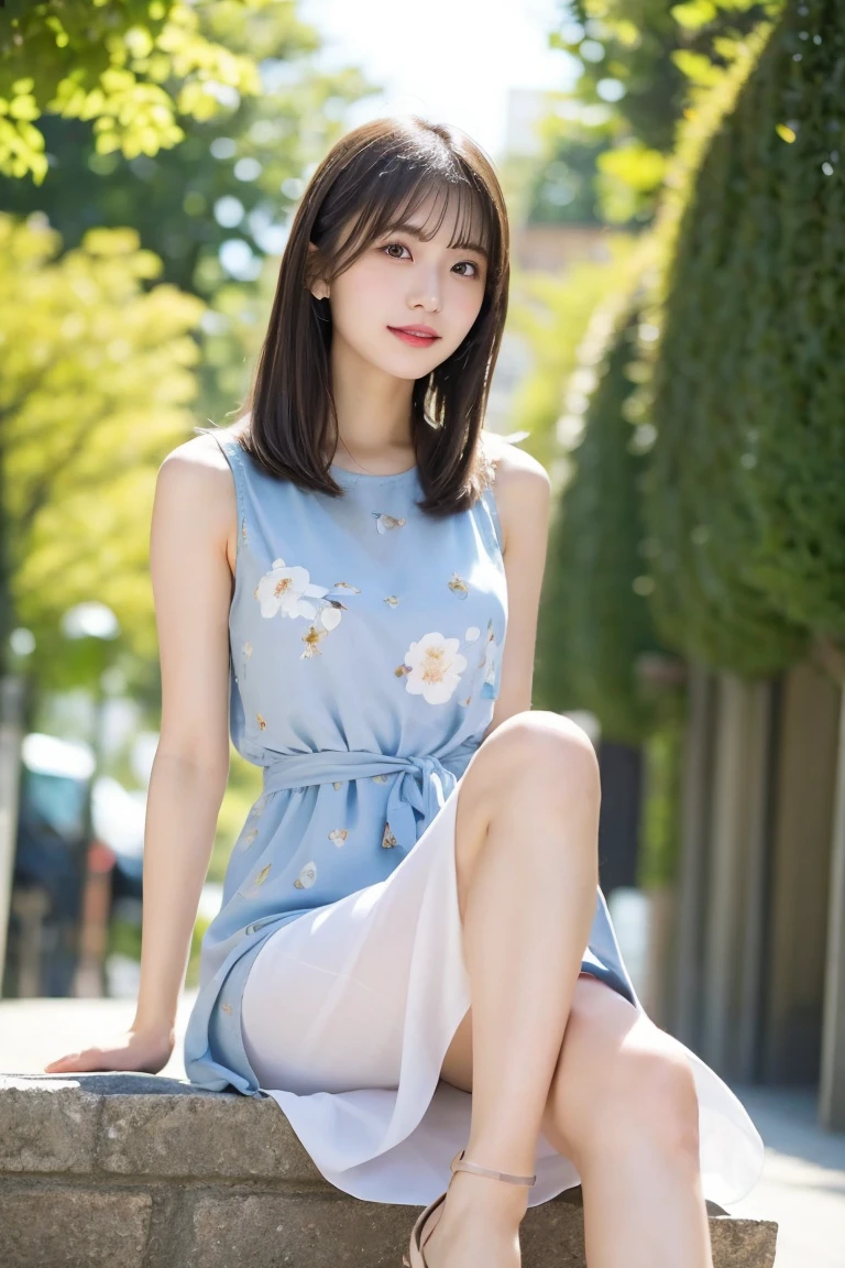 Create an image of a young woman named Tomo-chan in a summer setting. She is wearing a white sleeveless dress with light blue floral patterns. The dress is made of lightweight chiffon material and has a ribbon at the waist, highlighting her slender silhouette. Focus on her beautiful legs, which are long, slender, and toned. Her skin is smooth and has a healthy glow. She is wearing simple sandals that showcase her elegant feet. Capture her legs in a graceful pose, with the sunlight highlighting the contours and smoothness of her skin. Emphasize the elegance and charm of her legs in this summery setting.