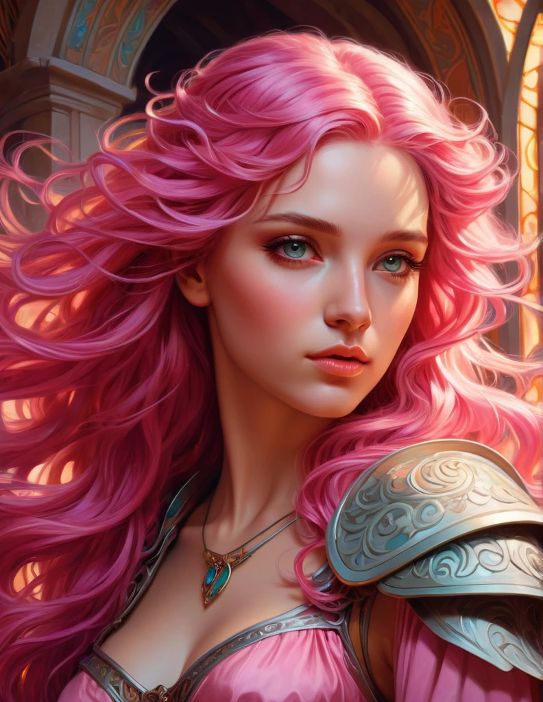 Very attractive 25 year old female with long wavy bright pink hair, ​a beautiful angel, closeup portrait, intricate, elegant, extremely detailed, digital painting, art station, concept art, smooth, sharp focus, fantasy, dungeons and dragons, detailed face, alphonse mucha art style, greg rutkowski art style, vivid colors, dramatic lighting, cinematic, photorealistic, golden eyes, photo quality