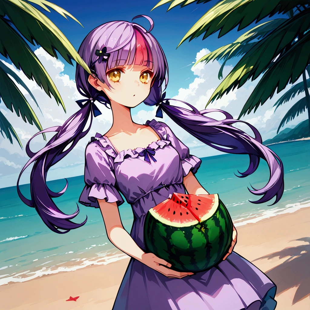 Highest quality, masterpiece, High resolution, detailed, Perfect Anatomy, Eat WM, (((Watermelon cut into triangles))), holding watermelon, Beach, Blood, Purple Hair, Yellow Eyes, Twin tails, low Twin tails, Yellow ribbon, Purple Dress, Barrette, Ahoge,