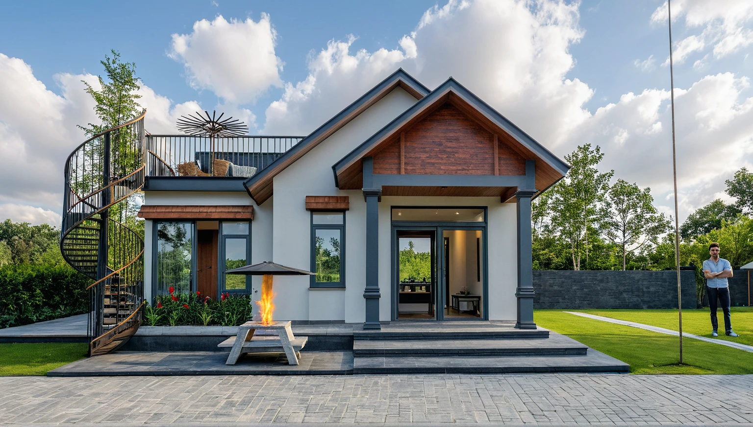 Masterpiece, high quality, best quality, authentic, super detail, outdoors, onestoreyvillaXL, aiaigroup, house style modern on the street ,stairs, white wall ,road,pavement, grass, trees, sky, cloud, (daylight:1.1)