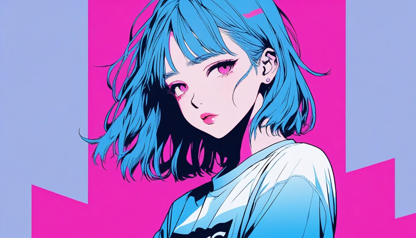 Illustrator, anime , Realistic ,sketch , 1 Girl, ,lip, tshirt,order, Blue gradient background, Neon Hair,Textured Trim, Canadian, (masterpiece,Highest quality) Cancer、Fold your arms behind your head