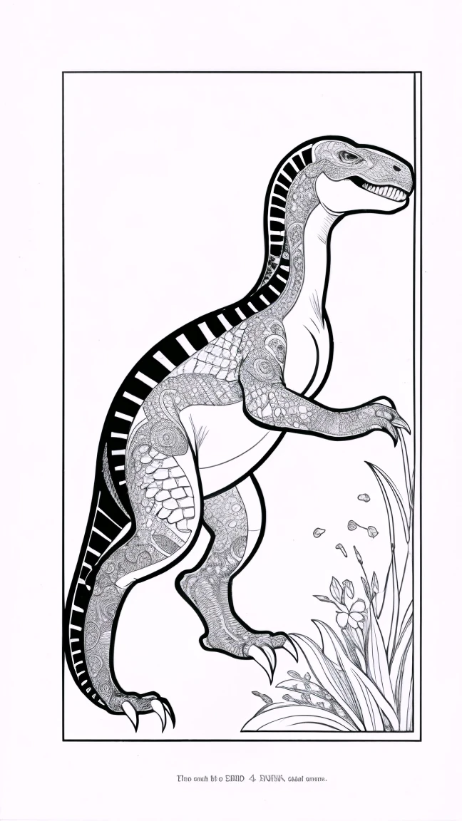 [As a coloring book, white and black color, borders should be simple, clear, distinct, and thick lines], [By Cartoon Style of dinosaur], [Feature], [Place], [Flower] --ar 3:4 --s 150