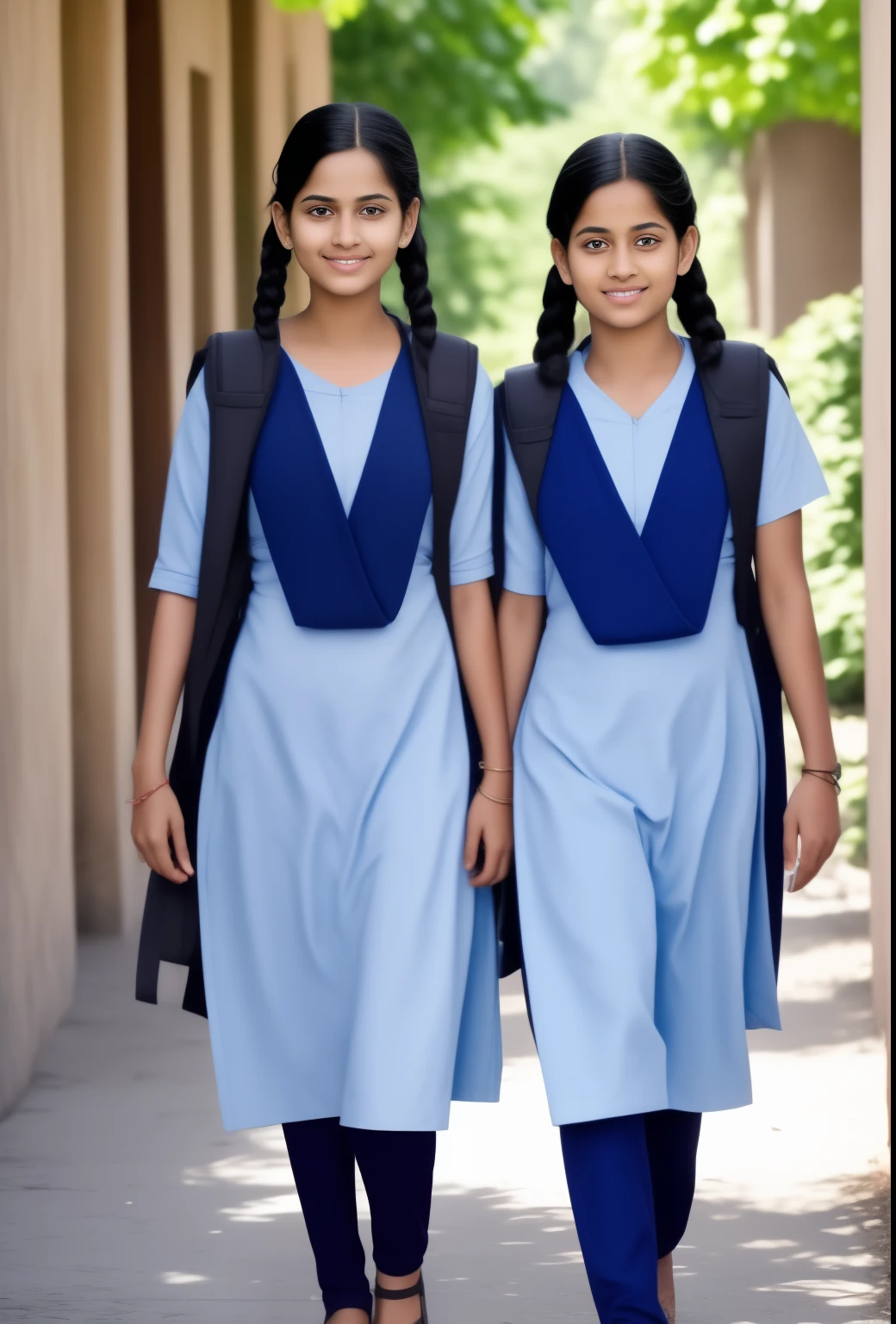 Raw photo, two beautiful indian girls, with plaited hair, both coming towards the camera in a school walkway in a joyful happy mood, wearing salwar kameez uniform, with school backpacks, professional photographer, (hdr:1.4), masterpiece, ultra-realistic 8k, perfect artwork, intricate details, cute face, award winning photograph, (Best quality, 8k, 32k, Masterpiece, UHD:1.3)