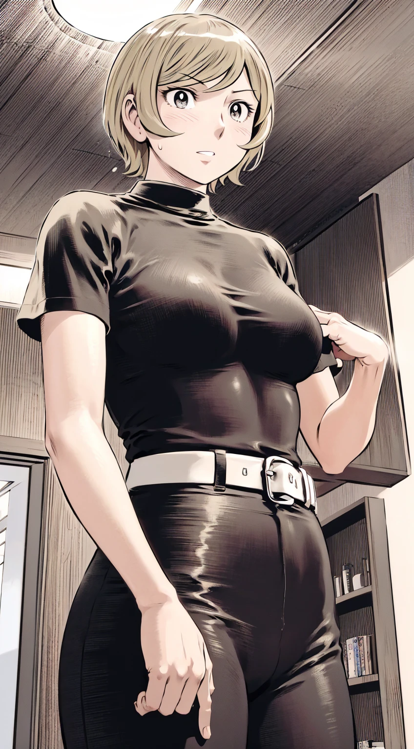 、(masterpiece、Highest quality)、Highest quality, Ultra-high resolution, (((masterpiece))), alone, Sweat、Big eyes,Tight black shirt、Tight white pants、belt、indoor、Composition from the front、(Cut the back hair short、short hair、blonde、woman)、Shortcuts、Embarrassed face、Cut your hair short、可愛いwomanの子、Big Breasts、Inside the room、Full Color、Baseball uniform