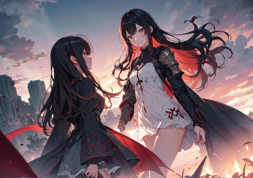 Realistic photos, Focus distance 10mm, Red and white, A big smile, Beautiful girl, Realistic photos, Focus distance 10mmで撮影, masterpiece, 最high quality, high quality, Very detailed CG 8k wallpaper unit, Award-winning photography, Depth of written boundary, High resolution, bloom, chromatic aberration, Realistic, Very detailed, Art Station Trends, CGsociety Trends, Complex, High detail, dramatic, Art on the go, volumetric lighting, game「Tales」Series Image, Final Fantasy style beautiful girl、Crimson Eyes、Long wavy black hair、Armor of the Dark Knight、Stormy sky with lightning in the background