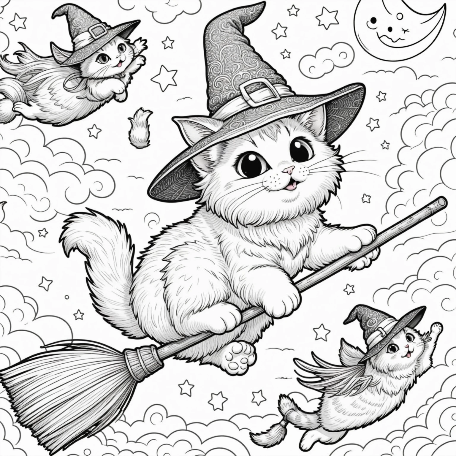 Black and white drawing of a cat flying on a broom, 猫のwitch, Fly on a broom, Coloring bookのアウトライン, Scary but fascinating, witch, clean Coloring bookのページ, Coloring book, Coloring bookのページ, Line drawing illustration, witchっぽい, witchのおとぎ話, Perfect pen and ink lineart, Cute and detailed artwork, Very fine ink line drawings, Coloring book