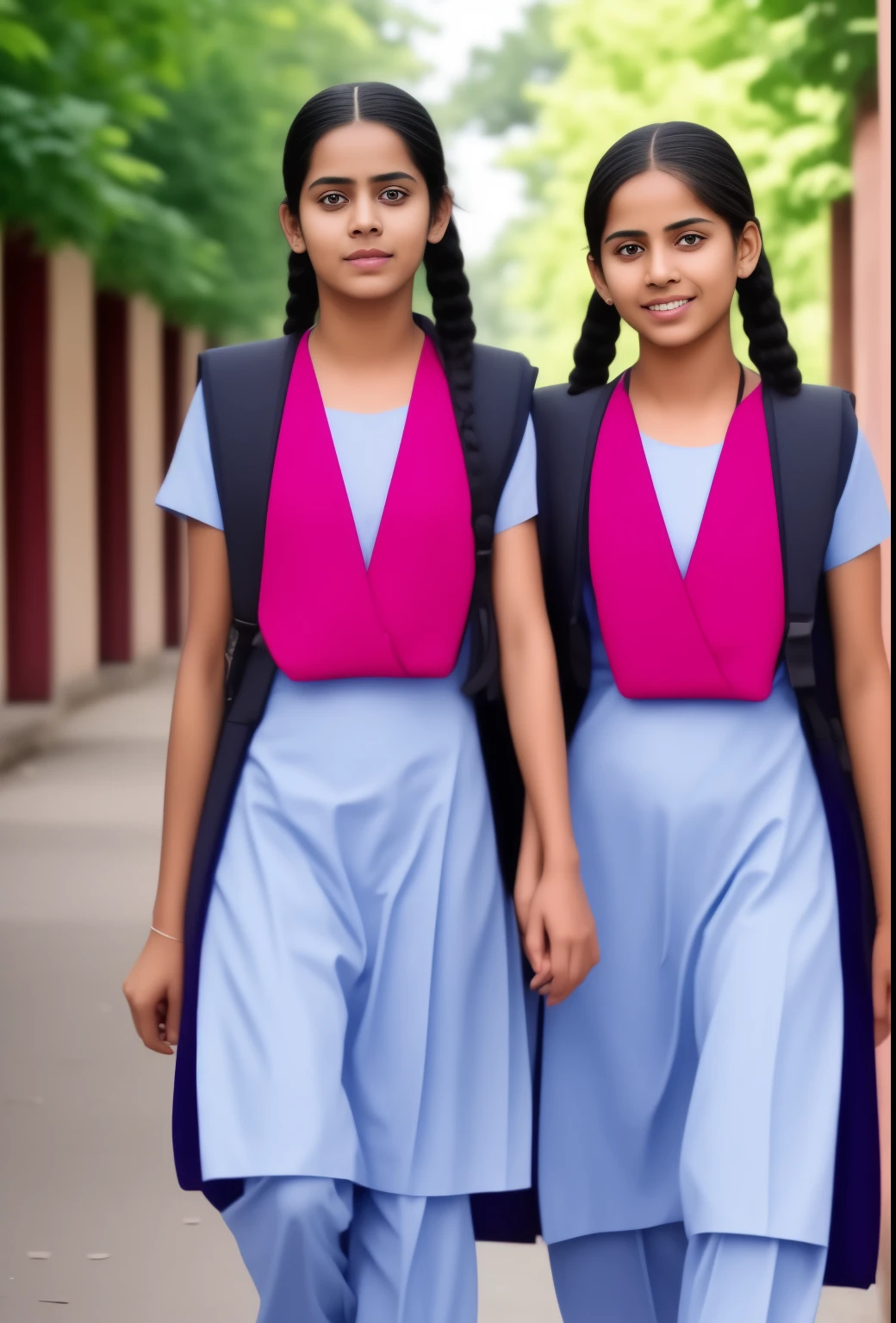 Raw photo, two beautiful indian girls, with plaited hair, both coming towards the camera in a school walkway in a joyful happy mood, wearing salwar kameez uniform, with school backpacks, professional photographer, (hdr:1.4), masterpiece, ultra-realistic 8k, perfect artwork, intricate details, cute face, award winning photograph, (Best quality, 8k, 32k, Masterpiece, UHD:1.3)