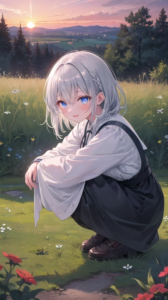 (8k, best quality, master piece: 1.2),super high resolution,1 girl, 独奏, colorshift eyes, hyperdetailed, expressive eyes, ultra-detailed face, Medieval peasant dress、Random hairstyle、silver gay hair, Quiet countryside, Ecstatic expression, squatting, sunset, Bright, Serene