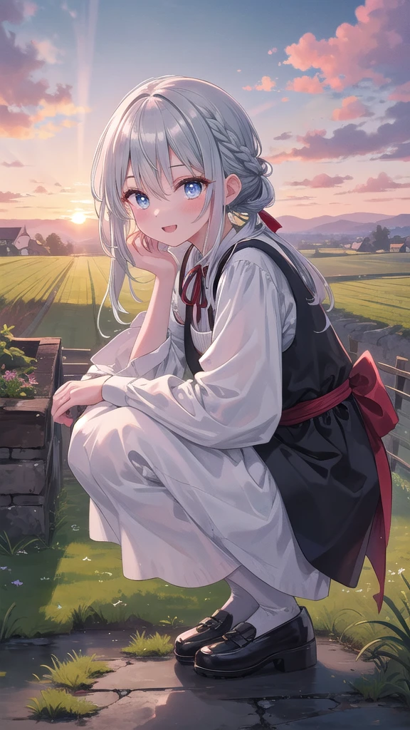 (8k, best quality, master piece: 1.2),super high resolution,1 girl, 独奏, colorshift eyes, hyperdetailed, expressive eyes, ultra-detailed face, Medieval peasant dress、Random hairstyle、silver gay hair, Quiet countryside, Ecstatic expression, squatting, sunset, Bright, Serene