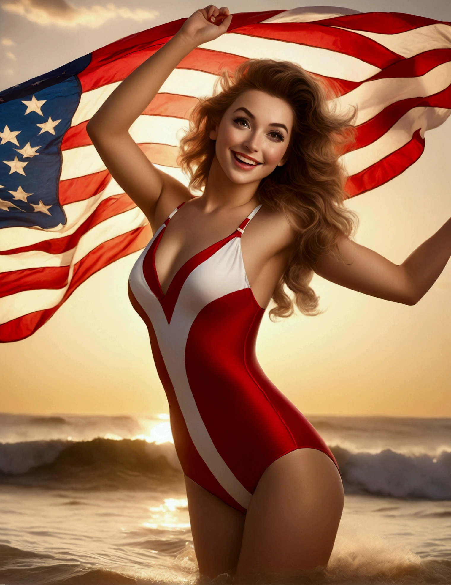 8K Fu、超A high resolution、Best Quality、masutepiece、(quite massive chest、Large cleavage:1.2)(Open your legs wide to the sides:1.3)(Stars and Stripes Enamel Pretty High Leg T-Back Swim Racing Suit:1.33)Blonde short-haired American woman、Extraordinary beauty、(big butts、Toned body:1.18)(Walk down Broadway in New York:1.2)White Pin Heels、Pretty high-leg T-back monokini