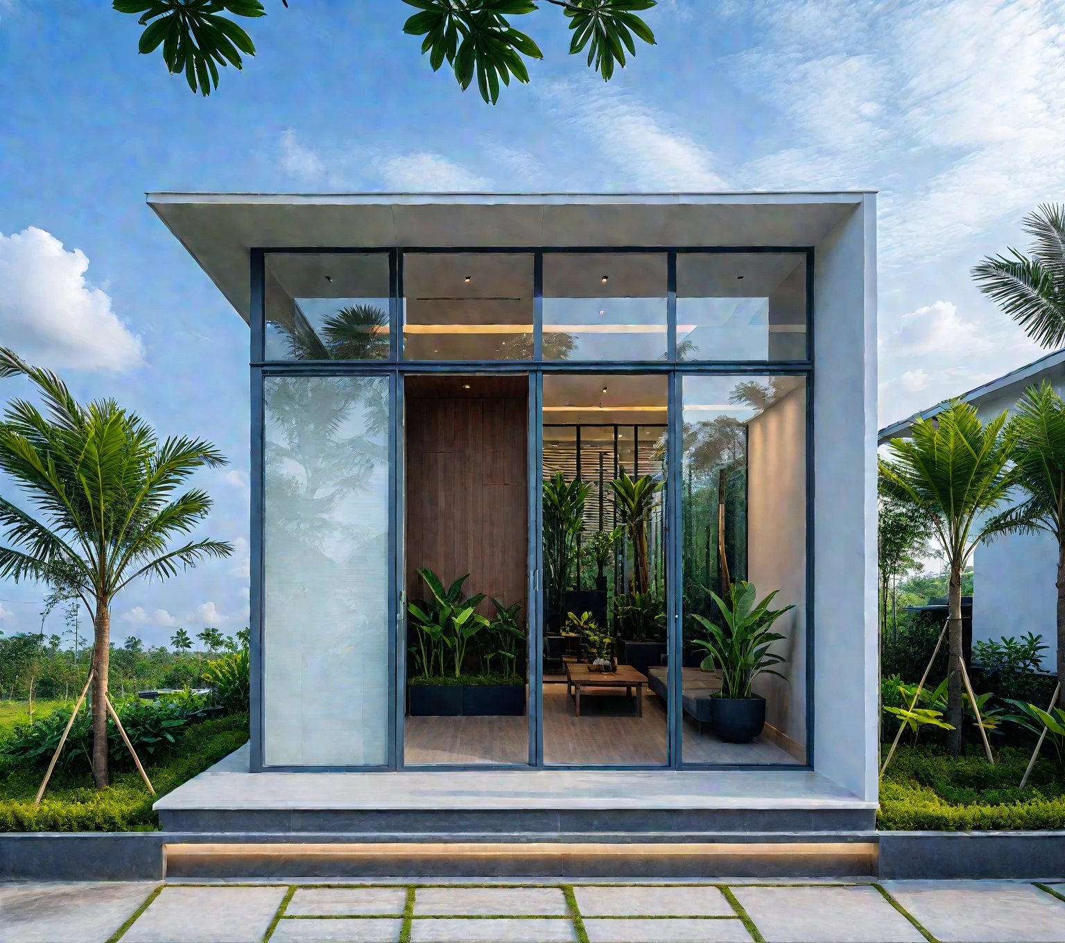 A hyper-realistic , a modern one-story, minimalist design, white and glass materials, wood, large floor-to-ceiling glass windows,  tropical plants and trees. (house as the showroom mini furniture:1.2), front view, elevation view, Raw photo,Masterpiece, high quality, best quality, authentic, super detail, outdoors, house style modern