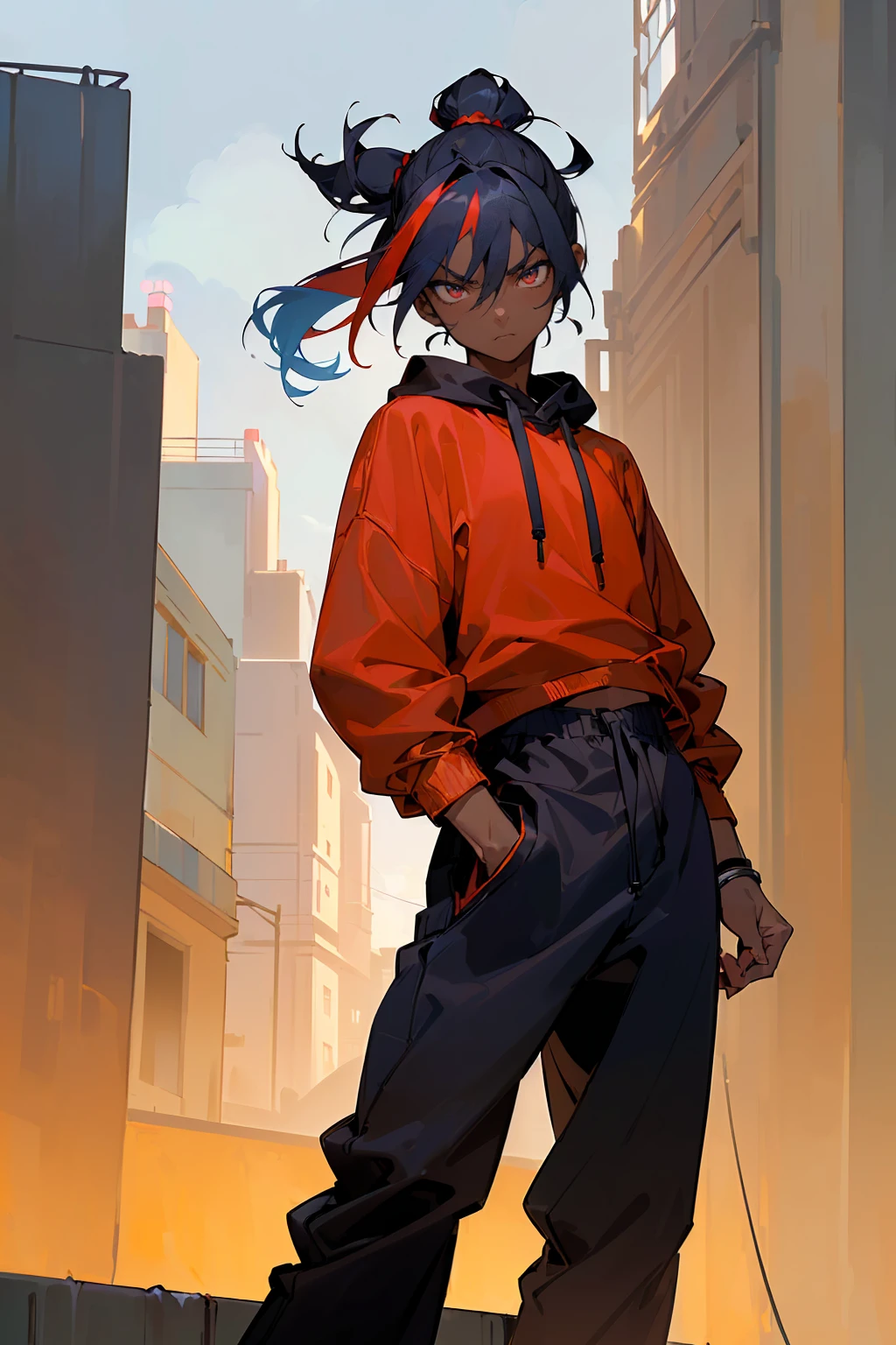 ((masterpiece,best quality,1male,male focus,masculine,solo,closed mouth,ager,muscle,muscular,katana,samurai)),((((navy blue hair,topknot hair)))),((golden eyes,perfect eyes,glowing eyes,perfect face,calm demeanor)),((((black skin tone,dark skin color,standing still,caramel skin color,black sweatshirt,red sweatshirt,multicolored sweatshirt,black jogger pants,black pants)))),((city background,buildings,cloudy sky,stores,streets,afternoon))