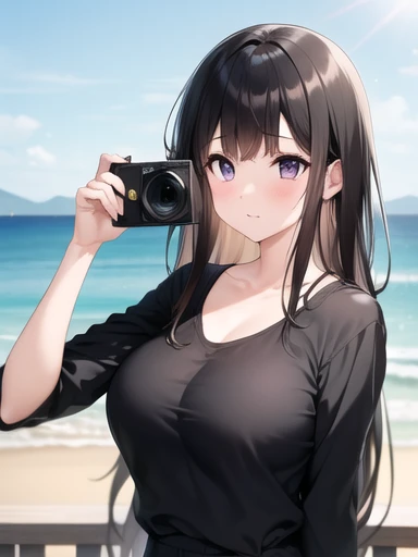 A girl taking a commemorative photo。Black Hair。Long Hair、Big Breasts