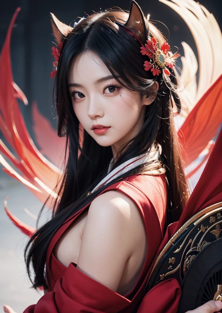 Diffuse lighting、 Highest quality, High resolution, unity 8k wallpaper、Supersaturation, Colorful, 8k解像度, 1 female、Japanese、23 years old、Close-up portrait、Wearing a red dress,whole body、Tight ass、Woman with a Fan, onmyoji, onmyoji detailed art, onmyoji portrait, 4K, 8k, Vibrant, Splash Art , Onmyoji、Spirit medium、