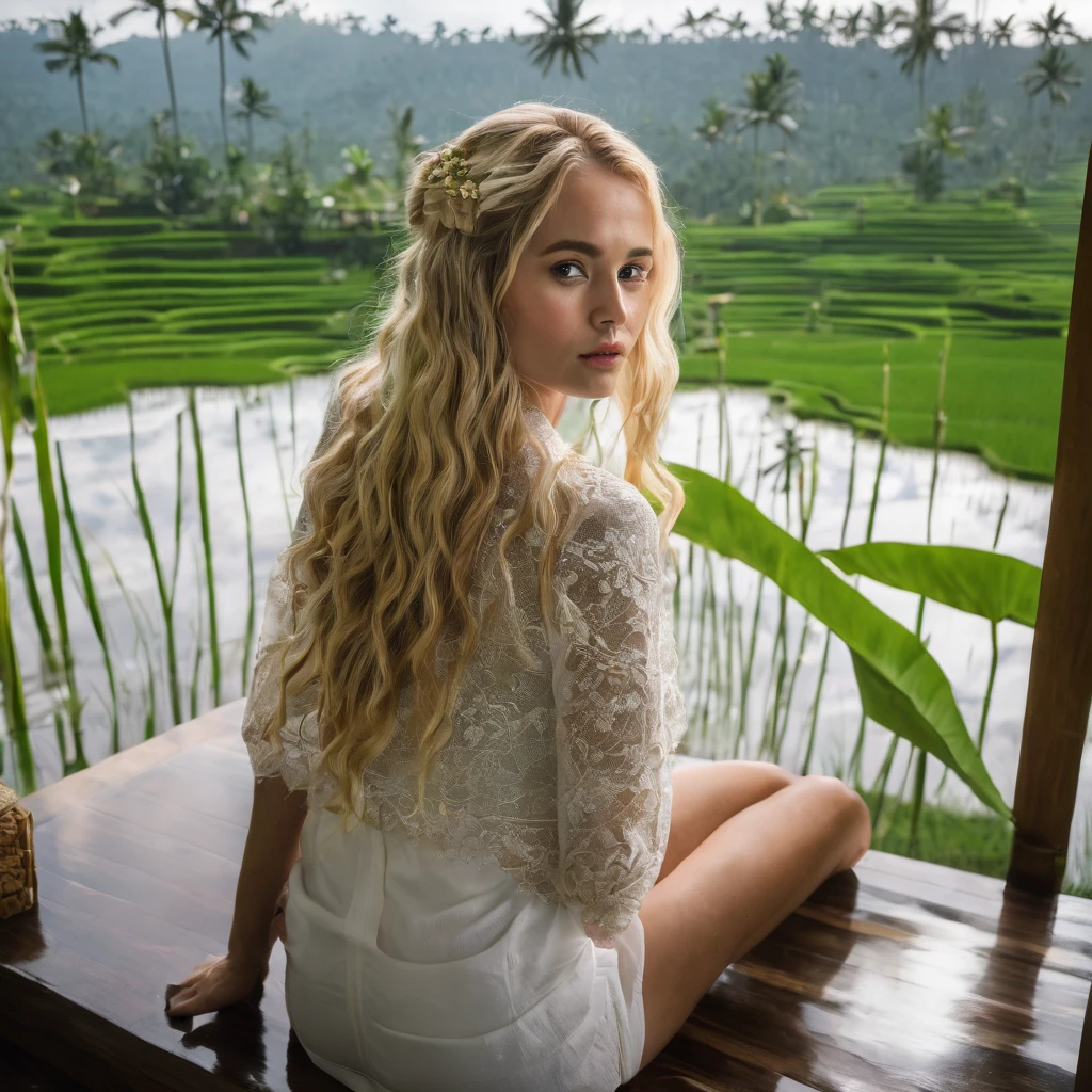 blonde girl, long hair, shatush, on bathroom on Bali, view on rice folds