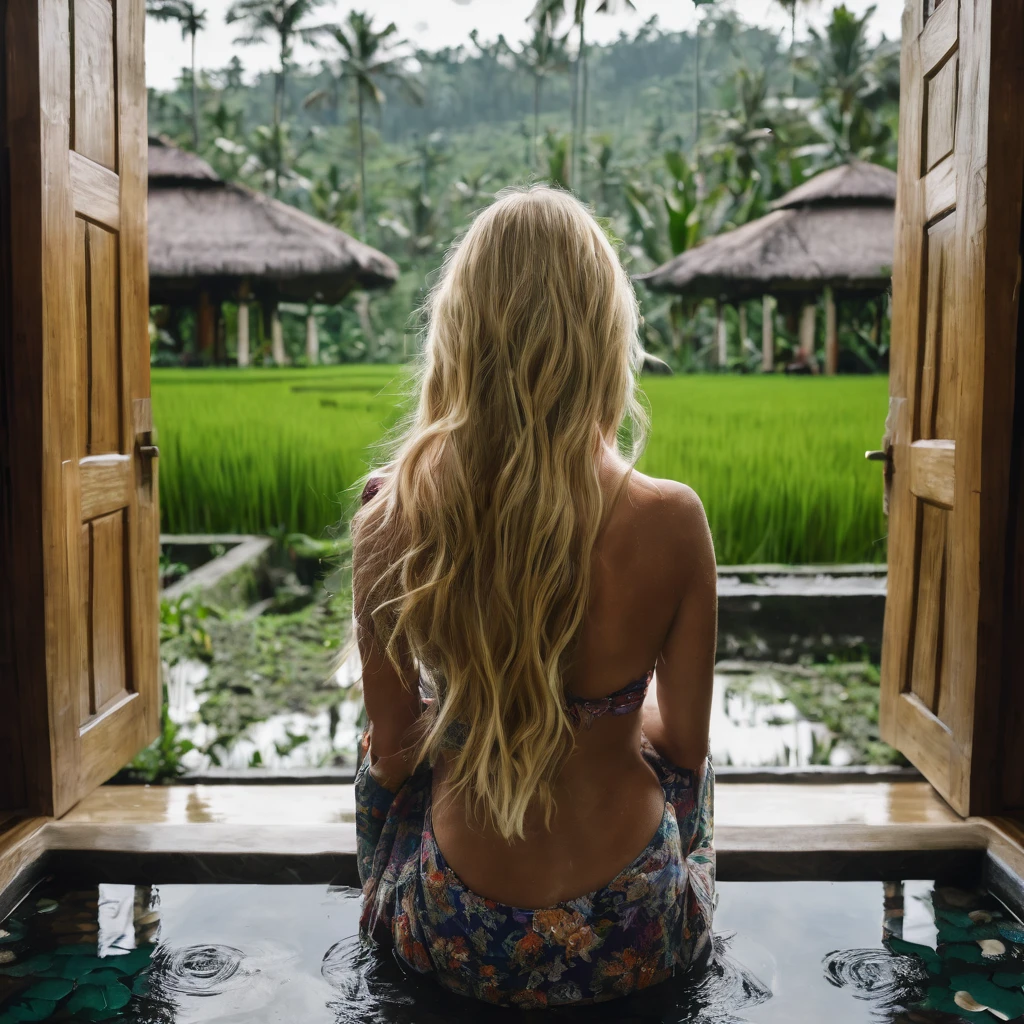 blonde girl, long hair, shatush, on bathroom on Bali, view on rice folds
