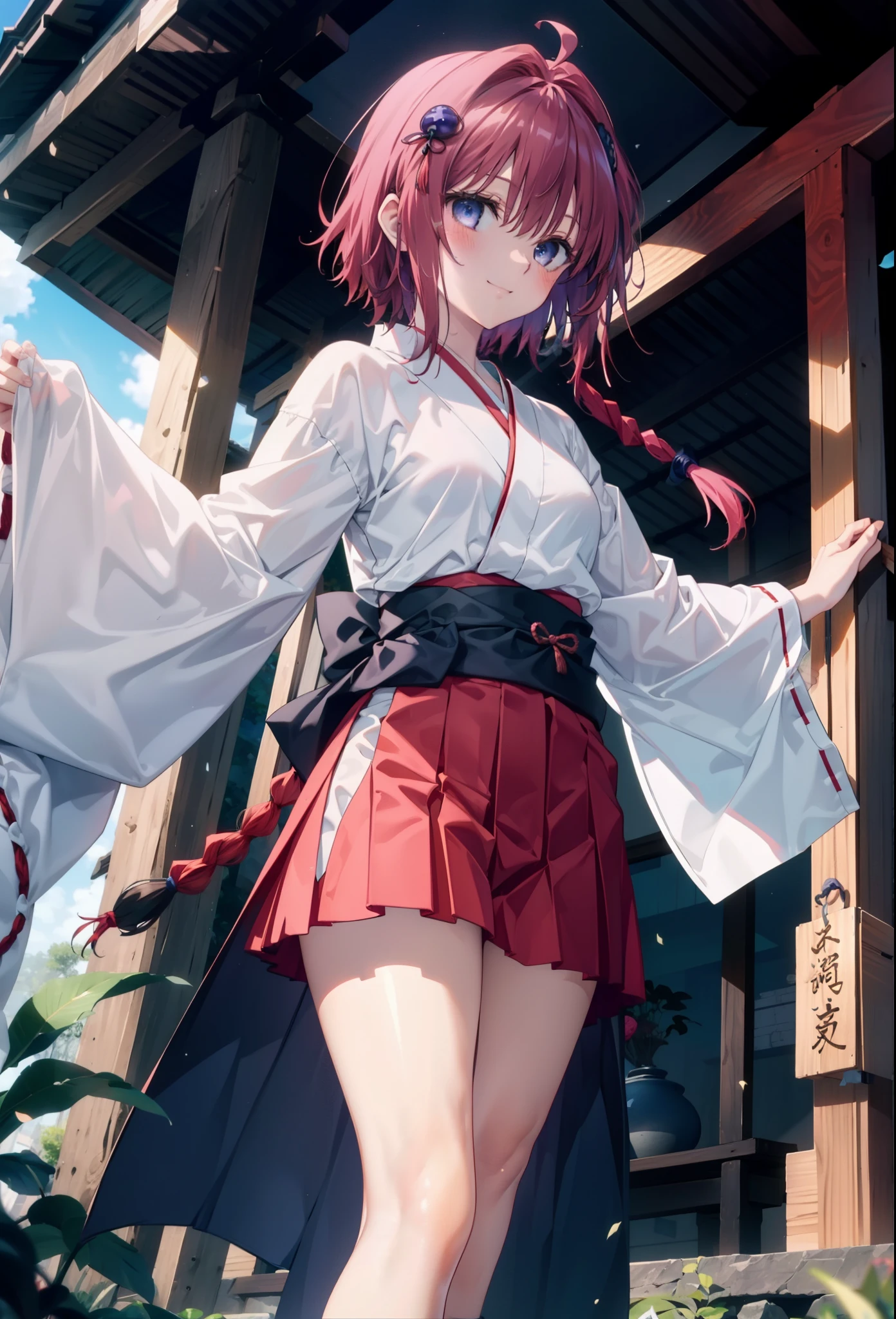 Meia Kurosaki,Meia Kurosaki,Redhead,Long Hair,Long braids,Purple eyes,Glasses, (Small breasts:1.2),Shrine maiden, 白いkimono, kimono, As with the skirt, Wide sleeves, Long sleeve, Red too,Long skirt,White tabi,Sandals,smile,blush,Sleeves edged with ribbon, whole bodyがイラストに入るように,
break looking at viewer,whole body, (Cowboy Shot:1. 5)
break outdoors, shrine,torii,
break (masterpiece:1.2), Highest quality, High resolution, unity 8k wallpaper, (shape:0.8), (Beautiful attention to detail:1.6), Highly detailed face, Perfect lighting, Extremely detailed CG, (Perfect hands, Perfect Anatomy),