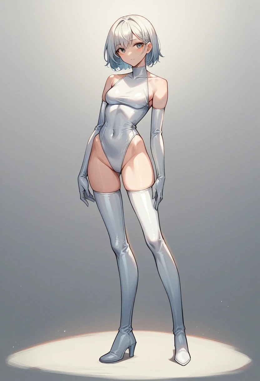 1girl, ((white elbow gloves)), ((surgical gloves)), ((latex gloves)), ((blue full body outfit)), ((long sleeves)), ((latex outfit)), ((white latex boots)), looking at viewer, standing, solo