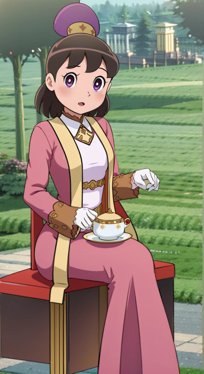 Woman with brown hair, violet eyes, violet dress, Victorian dress, royalty, nobility, having tea with women