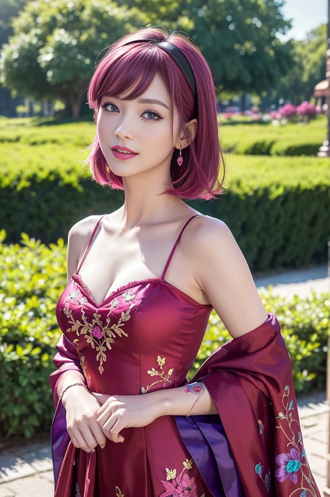 (masterpiece:1.4), (best quality:1.4), ultra high res, ultra high resolution, ((detailed facial features)), HDR, (realistic, photorealistic, photo-realistic:1.37), full body Esbian, sexy Vietnamese model, (-anime), vivid colors, ((vivid colors multicolor (red, pink) very short hair)), (happy smile), lip-gloss, long lashes, ultra detailed metallic makeup, defined eyebrows, wearing large sparkling colorful jewelery, wearing a red silk Paradise Kiss cosplay dress with black floral embroidery, ((vivid colors outfit)), vivid colors, look at the camera, cinematic light, large park background with trees, sweet and sexy pose