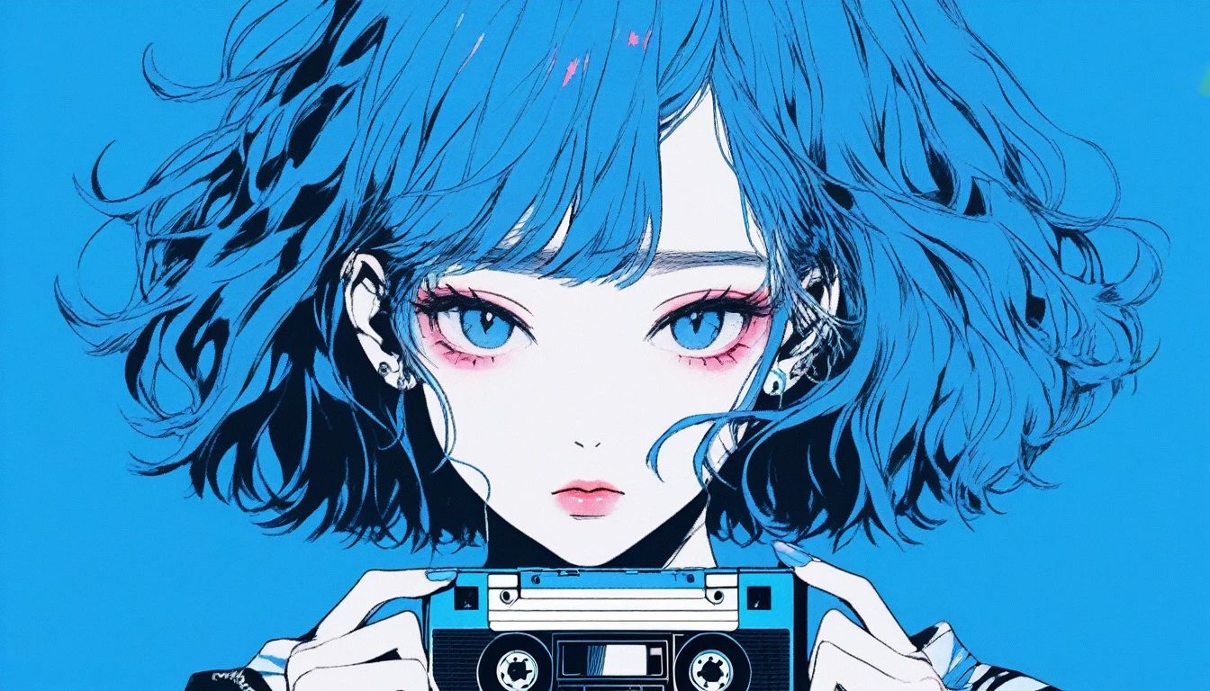 Illustrator, anime , Realistic ,sketch , 1 Girl, ,lip, ｔshirt，order, Blue gradient background, summer、Neon Hair,Textured Trim, Canadian, (masterpiece,Highest quality) Cancer、The cassette tape placed at the front、Realisticなカセットテープの大きさ、Cassette tape facing forward