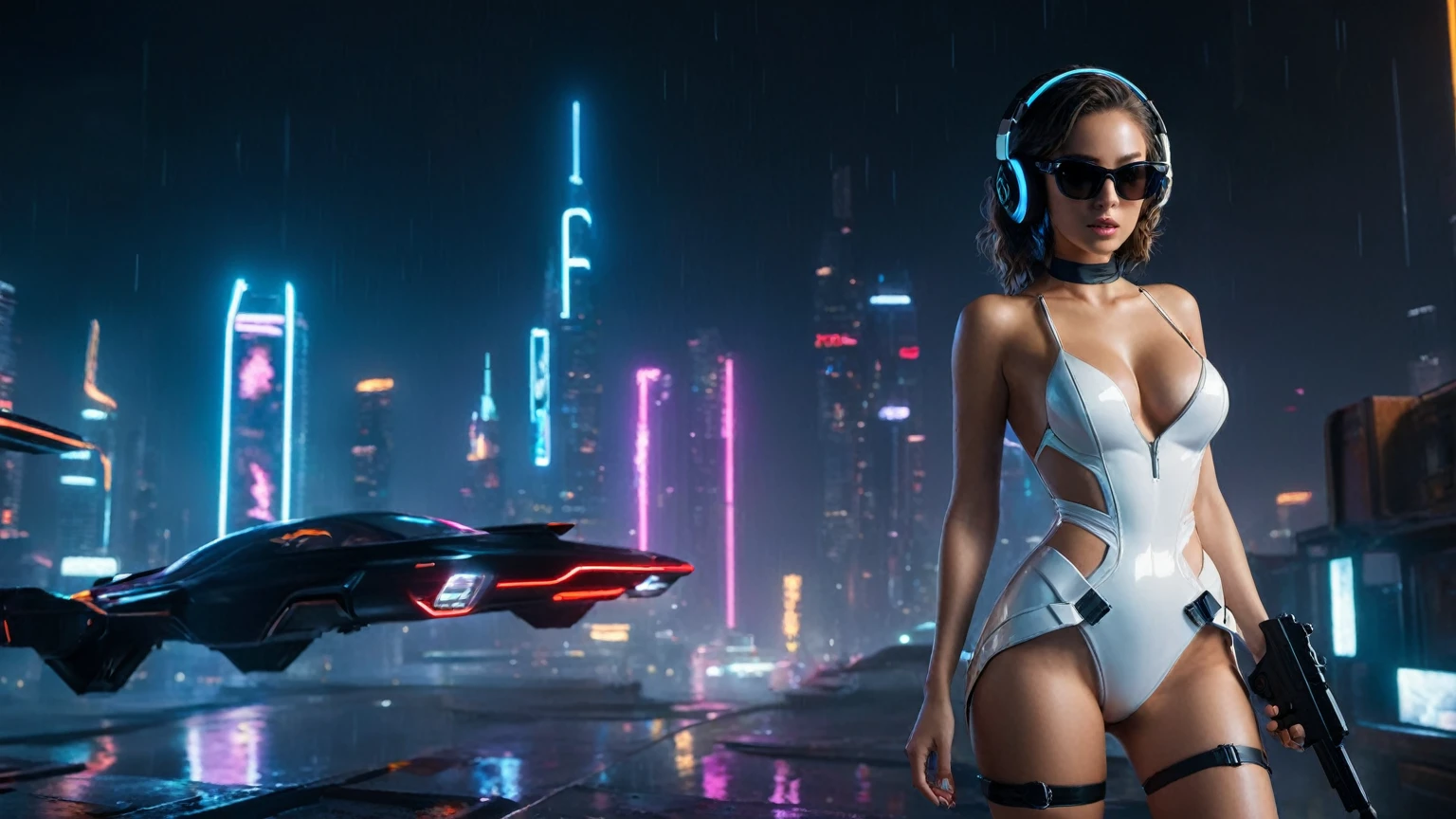 (aerial view, a (flying cars):1.8 docking platform, a very dark abandoned futuristic city, neon lights), rainy night. (((1girl, solo, alone))), large-breast:1.2 slim body, cleavage:1.1, sexy wind blowing wet dress:1.4, (((headphone, black sunglasses, standing and holding pistol:1.8, dynamic seductive pose))), (((((half-body thigh level medium shot))))), cinematic lighting, lens flare, ray tracing.