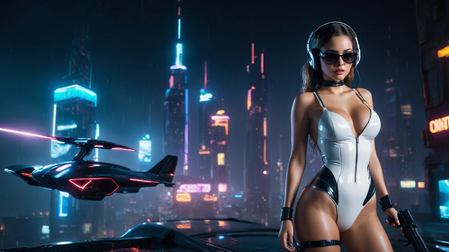 (aerial view, a (flying cars):1.8 docking platform, a very dark abandoned futuristic city, neon lights), rainy night. (((1girl, solo, alone))), large-breast:1.2 slim body, cleavage:1.1, sexy wind blowing wet dress:1.4, (((headphone, black sunglasses, standing and holding pistol:1.8, dynamic seductive pose))), (((((half-body thigh level medium shot))))), cinematic lighting, lens flare, ray tracing.