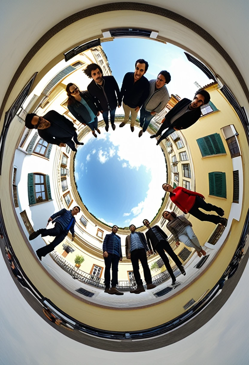 Arafed image of a group of people walking in a circle., 3 6 0 image, 3 6 0 catch, Panoramic Anamorphic, 3 6 0 projection, Liminal space photography, 360 monoscopic equirectangular, by Leandro Erlich, inspired by Leandro Erlich, 360 degree equirectangular, 8mm extreme fisheye