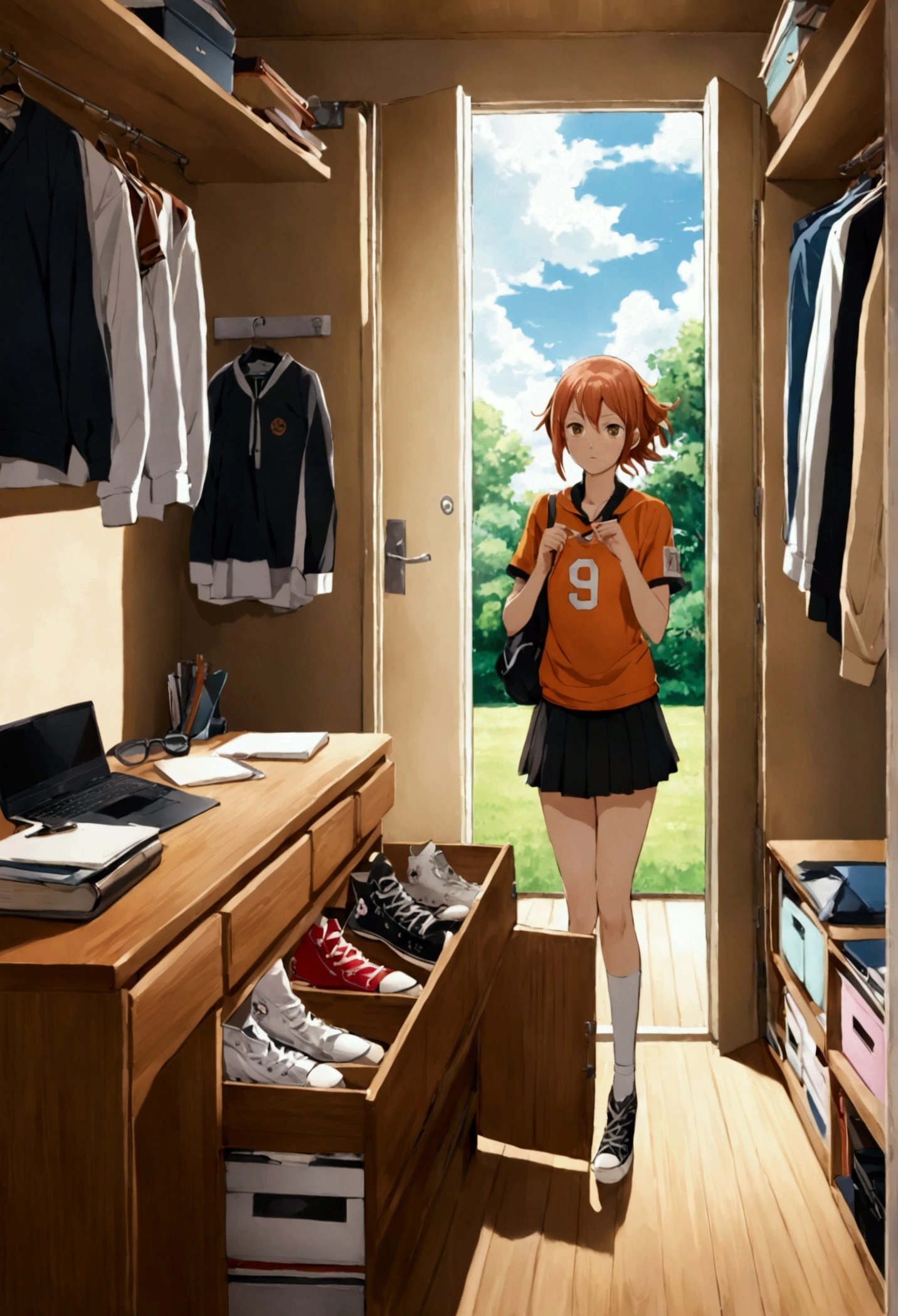 Capture d'écran de l'anime Haikyuu, fille de 16 ans, Cheveux longs sous les épaules, pointes ondulées, les cheveux brun foncé, Ses cheveux sont détachés et elle a une barrette étoile jaune dans les cheveux.., grand, yeux bridés, yeux marron clair, cils longs et beaux, Il a des taches de rousseur sur les joues et aussi un rougissement, expression endormie et fatiguée, Il porte le karasuno , Il porte une chemise formelle blanche avec un nœud rouge sur le col, Jupe courte plissée noire, bas longs cuissardes, Il porte des baskets noires de type Converse., Il a des écouteurs Bluetooth blancs sur la tête avec des autocollants étoiles., elle est allongée sur son bureau, est dans une pièce vide, les bancs autour de lui sont vides, Elle s'endort appuyée sur son bureau., éclairage d'un coucher de soleil, angle normal, Plan complet.